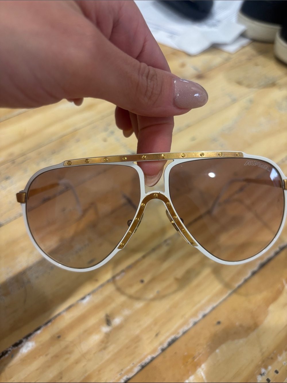 ALPINA White and Gold Aviator Vintage  Sunglasses with Brown Lenses